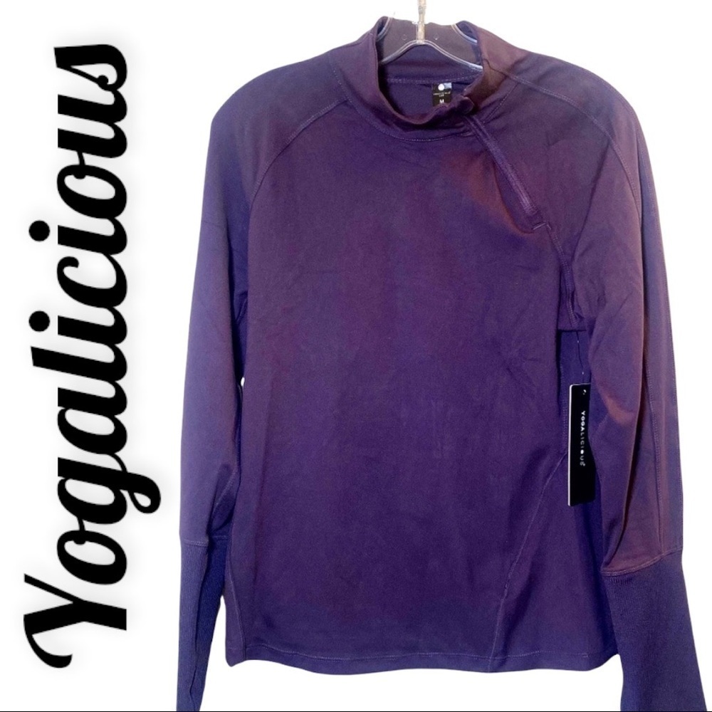 NWT YOGALICIOUS Lux Plum‎ Purple Stretchy Mockneck 1/4 Zip Pullover, Size Medium